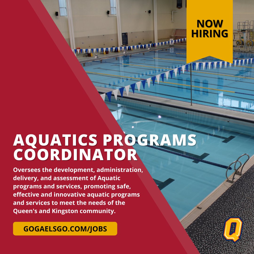 HIRING: Queen's Athletics &amp; Recreation is currently accepting applications for our Aquatics Programs Coordinator role.

To find out more about the role, our organization and to apply, head to gogaelsgo.com/jobs.

Deadline: April 13, 2022

#YGK | #aquatics | #queensgetactive