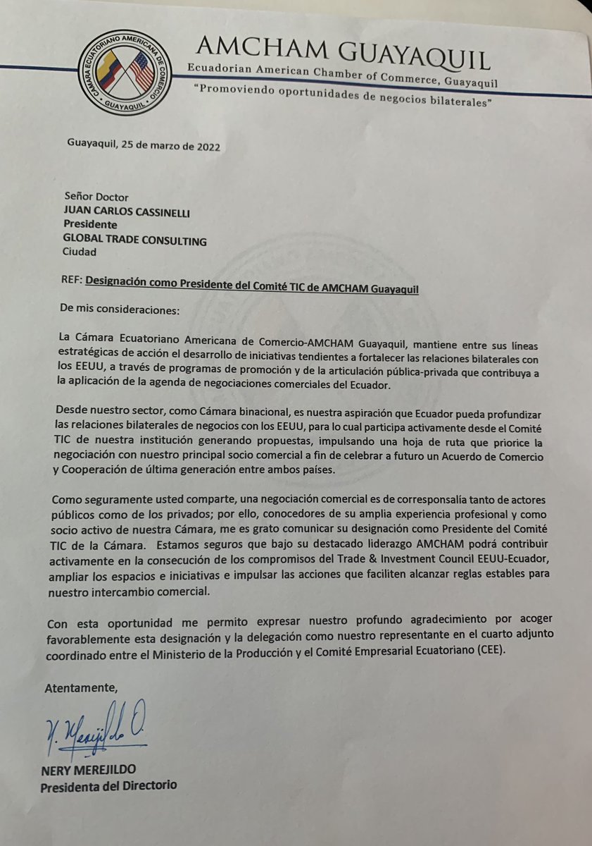 JCCassinelli's tweet photo. Agradezco a @amchamgye por la designación como Presidente del Comité Comercio e Inversiones #Ecuador #USA de la entidad. Con los demás miembros daremos como siempre nuestro mayor esfuerzo y compromiso para apoyar desde lo privado esta importante mesa de trabajo. @neryjac_nery https://t.co/Q4J2oKWaOB