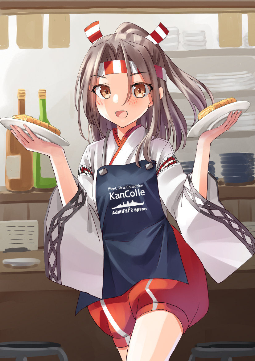 zuihou (kancolle) 1girl hachimaki solo japanese clothes apron brown eyes red shorts  illustration images