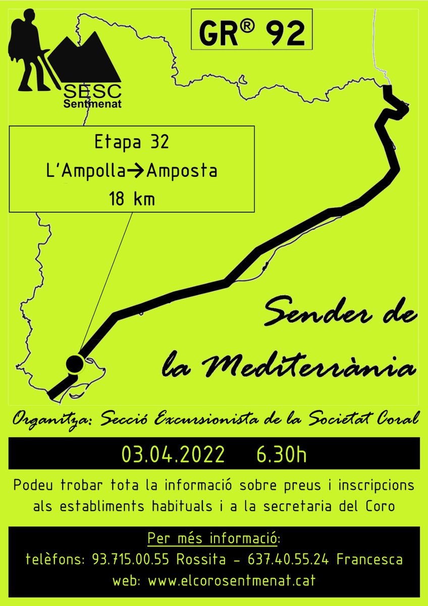 Aquest diumenge dia 3 d'abril, la Secció Excursionista de @ElCoroSentmenat, arribarà a la capital del Montsià, Amposta!!
<a href="/FEEC_cat/">FEEC</a> <a href="/AteneusCat/">Federació d'Ateneus de Catalunya</a> 
GR®92