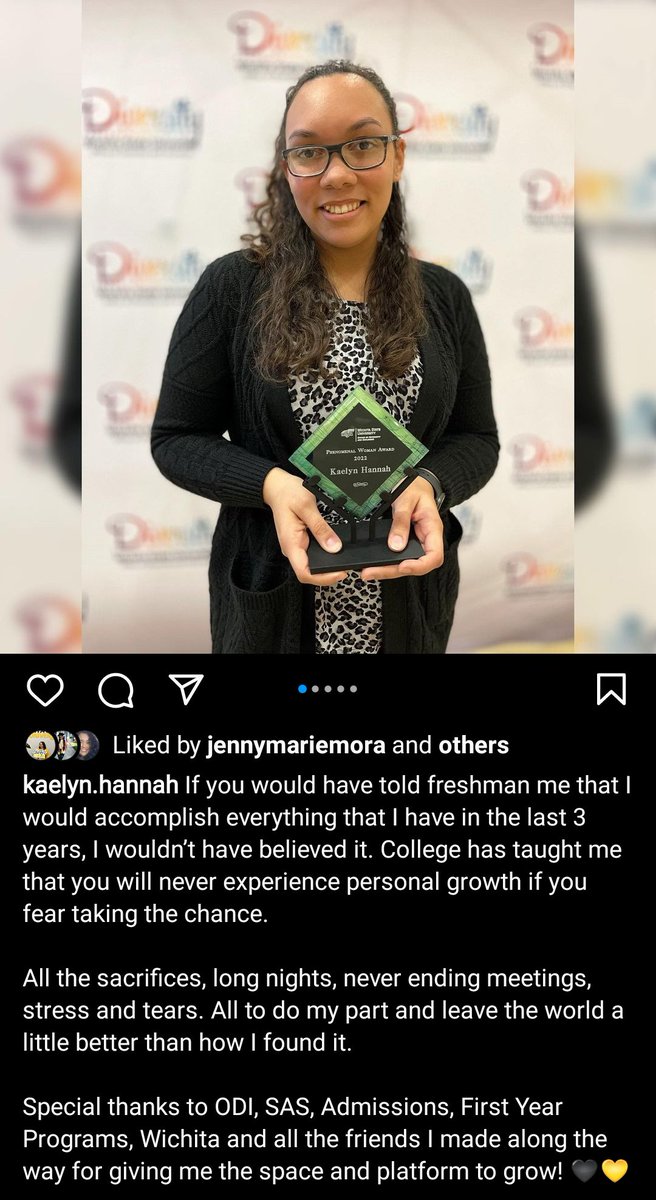 Snatched from her Insta to celebrate her on Twitter too. So proud of <a href="/KaelynHannah/">Kaelyn Hannah</a> for selection of Phenomenal Woman Awardee by @WSUDiversity! She's active in so many campus spaces; we treasure her &amp; all she does for <a href="/WichitaState/">Wichita State</a>. Congrats from your Admissions &amp; @ShockerExp fam!