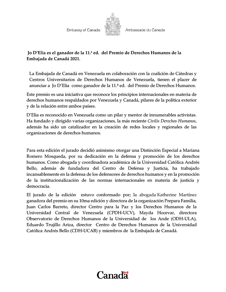 EmbCanVenezuela's tweet photo. En colaboración con la coalición de Cátedras y Centros Universitarios de Derechos Humanos de Venezuela, otorgamos hoy el Premio de Derechos Humanos 2021 a Jo D’Elia por su compromiso, liderazgo y su incesante defensa de los derechos humanos. #DerechosHumanos #Venezuela https://t.co/QnLvfYC6ps