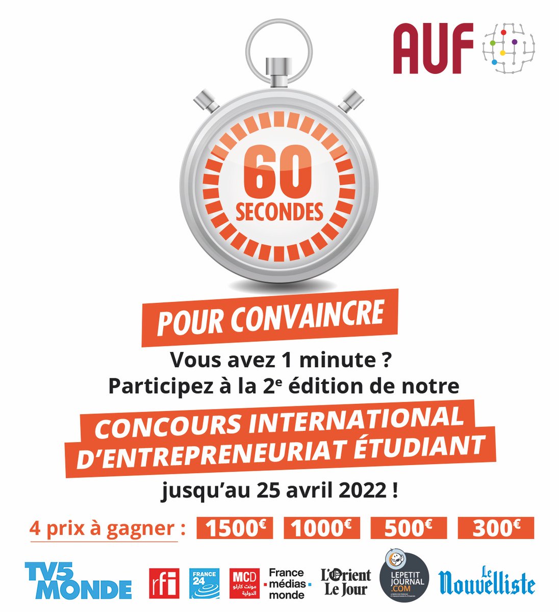 auf_org's tweet photo. Vous avez une idée de projet #entrepreneurial et pensez pouvoir la présenter en 60 secondes chrono⏱️?
Relevez le défi et participez à la2️⃣ème édition du #concours international pour jeunes entrepreneur.e.s "60 secondes pour convaincre"!
+d'infos👉https://t.co/PCk9qfPFuj https://t.co/QVHg7spsMX
