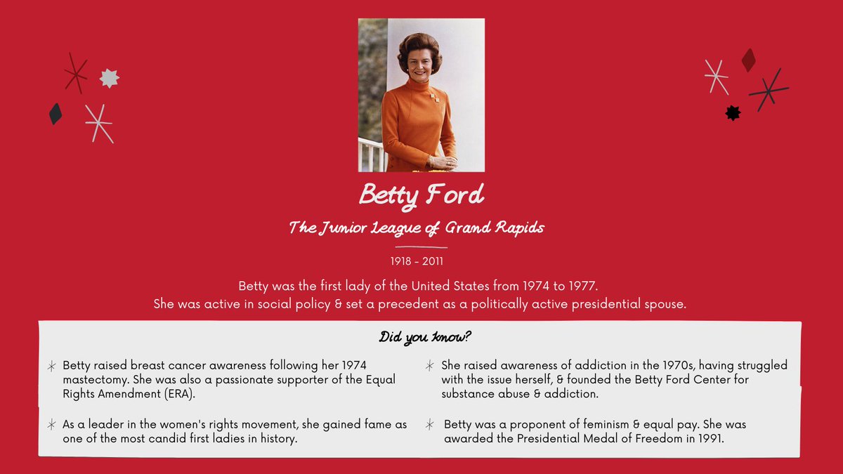 Betty Ford was a remarkable first lady. She was a leader in the women's rights movement, a champion of addiction awareness, and a <a href="/JuniorLeagueGR/">Junior League GR</a> member! As Women's History Month comes to a close, we remember incredible women like Betty.

#WomensHistoryMonth #JuniorLeague #JLH