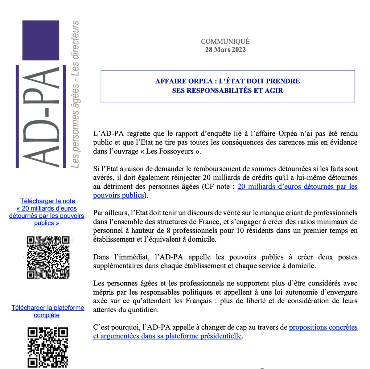 AssociationADPA's tweet photo. Affaire Orpéa : l'État doit prendre ses responsabilités et agir https://t.co/z2iHzDeSzP https://t.co/6GoY6PVcmZ
