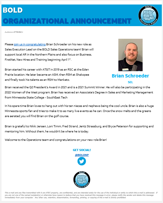 BOLDNP's tweet photo. Join us in congratulating Brian Schroeder (@Brian_S1985) on his new role as Sales Execution Lead on the #BOLDNorthernPlains Sales Operations team! 

#LifeAtAtt #GoWest https://t.co/JZ3SRz2WFh