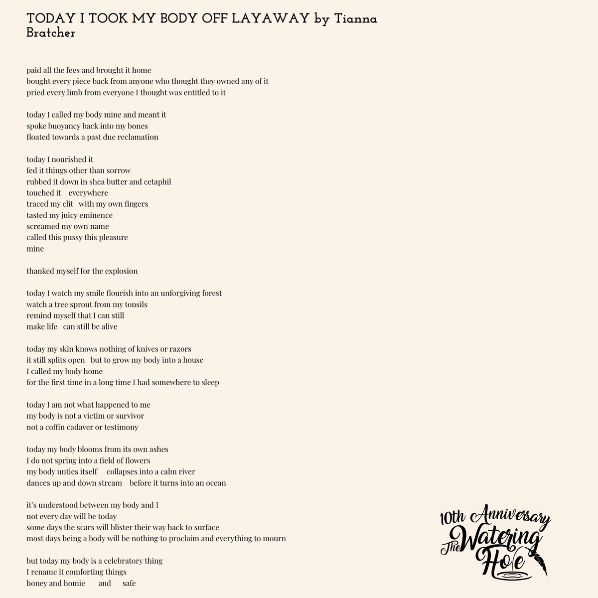 TWHPoetry's tweet photo. Today’s #crafttalk we hop over to #inmediares “Today I Took My Body Off Layaway” by #TWHTribe @Quasarstemple ! Peep how the poem shifts the reader into the midst of things immediately.

#crafttalk #TWHPoetry #InMediaRes #TWHTribe #TodayITookMyBodyOffLayaway #TiannaBratcher https://t.co/4hnOc7jvqF