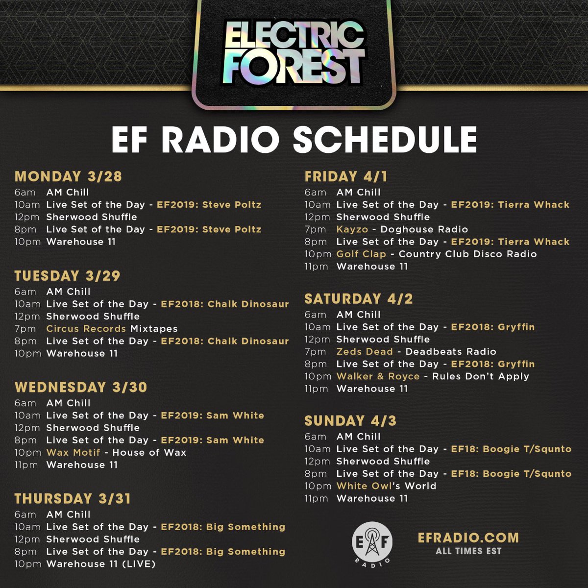 Electric_Forest's tweet photo. This week on @EForestRadio! 📻🌲

Tune in for #EF2018 &amp; #EF2019 sets from @TierraWhack, @GryffinOfficial and others, plus daily broadcasts of the AM Chill and Sherwood Shuffle, blocks from @Deadbeats Radio and @GolfClapDET, and more.

Hear it 24/7/365 at https://t.co/bpCBwX9BfI! https://t.co/LGHHYvUoXN