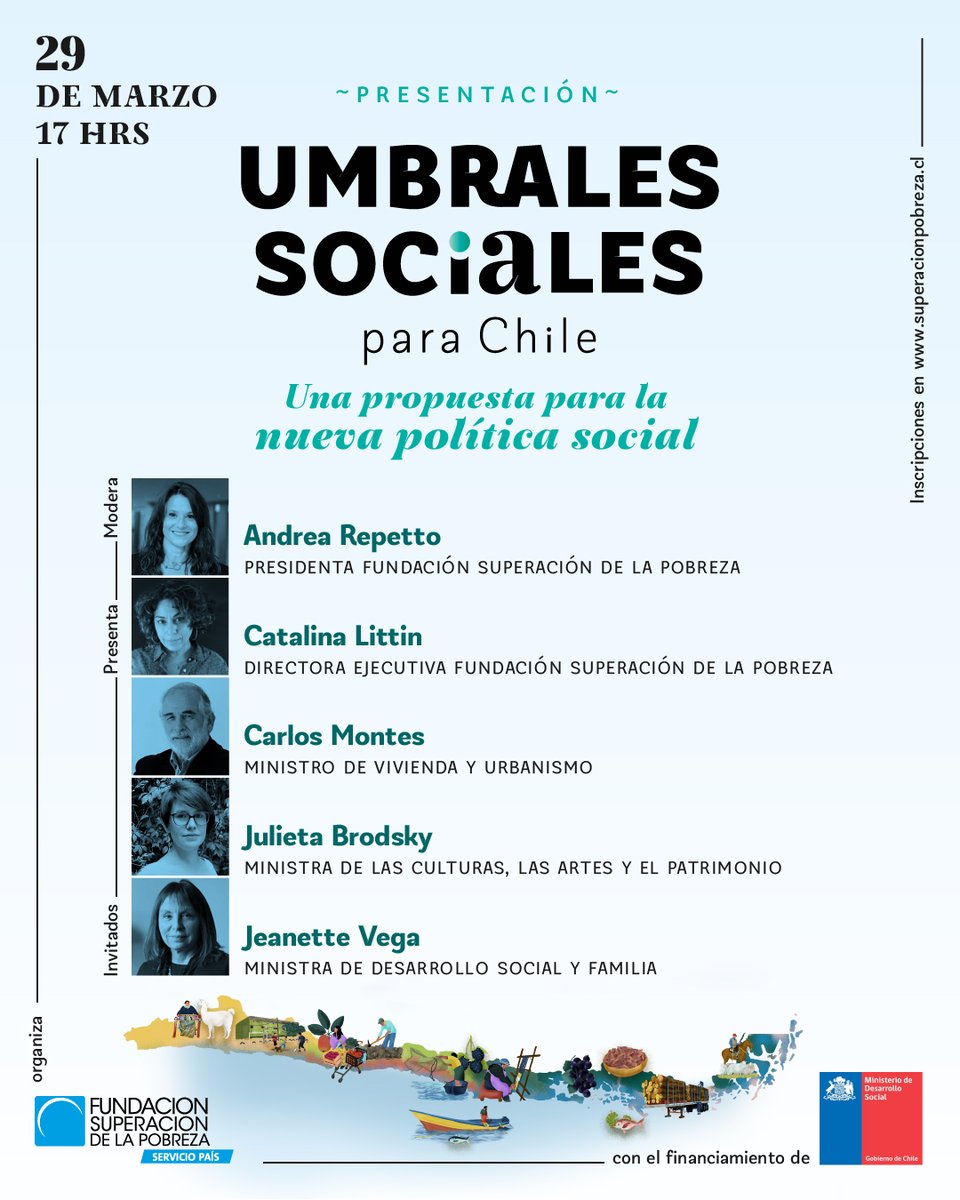 ServicioPais's tweet photo. Te invitamos a conocer #UmbralesSociales 2021, nuestra propuesta de política social orientada a superar la pobreza. 

📣Con los comentarios de los y las ministras de @Minvu, @culturas_cl y @MinDesarrollo. 

📌 29 de marzo - 17 hrs. 
🔗 Inscríbete 👉 https://t.co/wUaRakB5rm https://t.co/0pAaMkVoVM