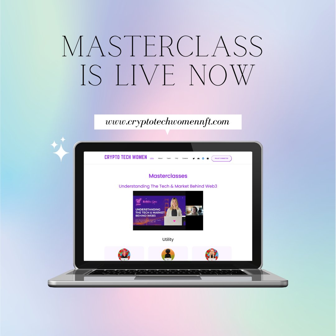 CryptoTechWomen's tweet photo. The exclusive masterclass "Understanding The Tech &amp; Market Behind Web3" by @thechelseachung for our CTW holders is live on our website now! ✨

If you are a token holder please connect your wallet to be able to view it.

Thank you to all the members who were able to attend live! https://t.co/TlWL713HEQ