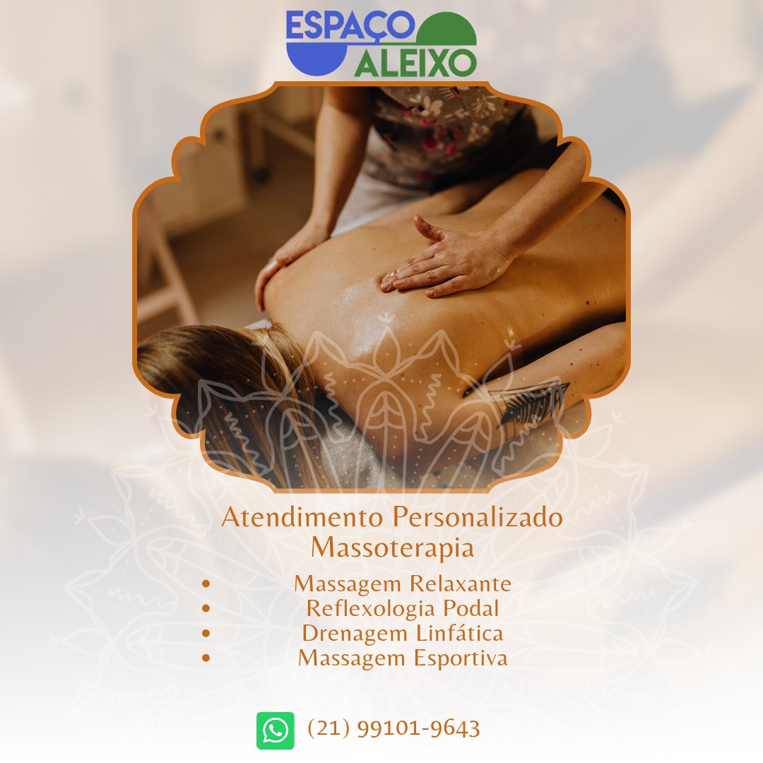 AleixoEspaco's tweet photo. ESPAÇO ALEIXO
Marque já o seu momento de relaxamento no Espaço Aleixo!
📌 Massagem Relaxante
Temos também
📌 Reflexologia Podal
📌 Massagem Facial
📌 Massagem Esportiva
📌 Drenagem Linfática
E o setor de Fisioterapia!
Entre em contato e confira nossas promoções!📲 (21) 99101-9643 https://t.co/sK1vLJrfnY