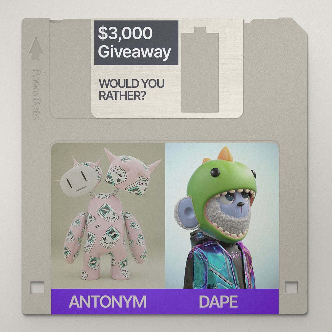 Sheet Heads (@sheet_heads) on Twitter photo Would you rather take $3,000 worth of <a href="/dapenft/">DAPE: Reborn</a> or $3,000 of <a href="/AntonymNFT/">NFTenthusiast</a> ?
Winner announced in the next 48 hours
Rules to enter:
Follow <a href="/pawnbots/">Pawn Bots</a> on Twitter and IG
Re-Tweet their giveaway post on Twitter
#NFTGiveaways #NFTGiveaway #NFT Would you rather take $3,000 worth of <a href="/dapenft/">DAPE: Reborn</a> or $3,000 of <a href="/AntonymNFT/">NFTenthusiast</a> ?
Winner announced in the next 48 hours
Rules to enter:
Follow <a href="/pawnbots/">Pawn Bots</a> on Twitter and IG
Re-Tweet their giveaway post on Twitter
#NFTGiveaways #NFTGiveaway #NFT