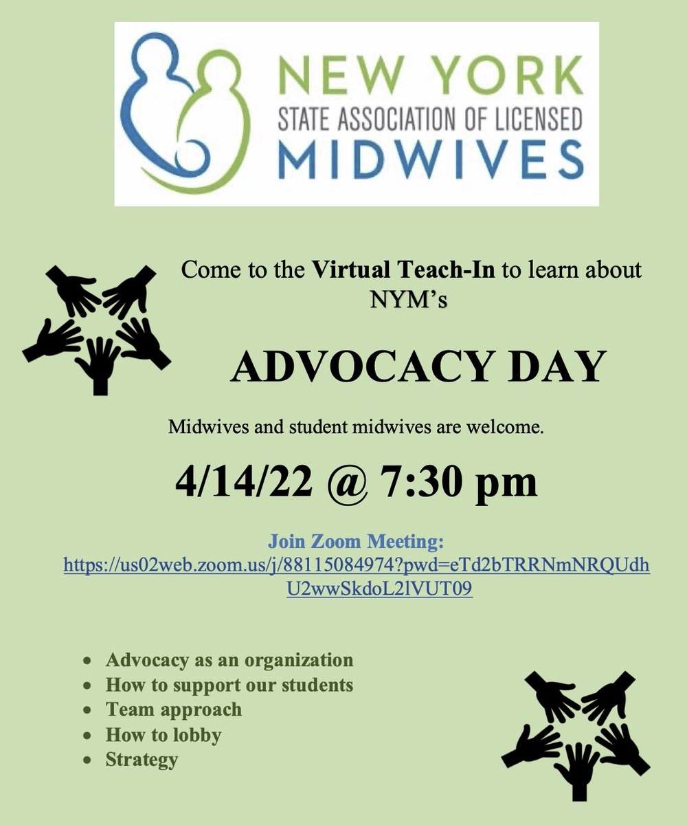 Please join us on 4/14 at 7:30 pm EST for a Teach In ahead of our Advocacy Day in Albany on 4/26! Come learn how to advocate for midwifery legislation! Can't wait to see you there! Zoom link: us02web.zoom.us/j/88115084974?…