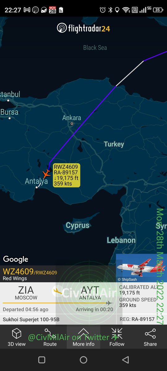 CivMilAir's tweet photo. Anyway... Here's another Russian registered jet in Turkish airspace rn about to land in Antalya.

Because 🇹🇷🤝🇷🇺

🤷‍♂️ https://t.co/bPtwcfUPLq
