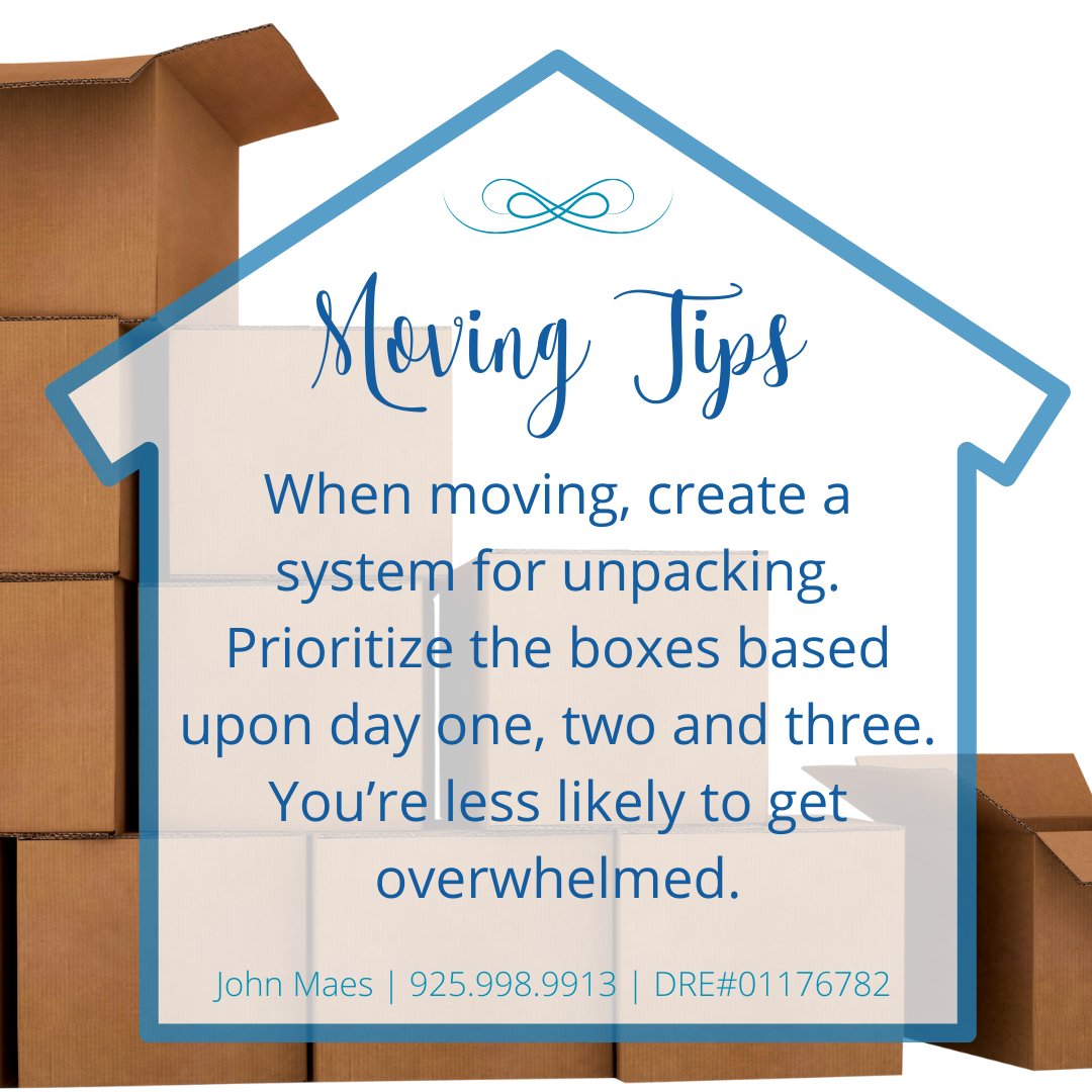 Johnbmaes1's tweet image. #MondayMovingTip - when you arrive at the new home, the amount of unpacking can be overwhelming. If you prioritize your boxes based on the first few days and focus on achieving each days' goal, you'll feel very accomplished!
#WalnutCreekRealEstate
#BayAreaRealtor