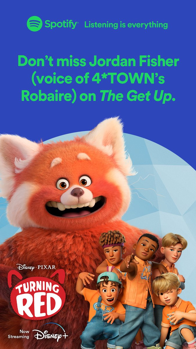 DisneyMusic's tweet photo. It's him - Robaire! Tune-in to @Spotify's #TheGetUp to hear from @JordanFisher about his experience playing a member of 4*TOWN! https://t.co/5nrnWY8tyW

#TurningRed is now streaming on @DisneyPlus. https://t.co/TDdUvbA3Yf