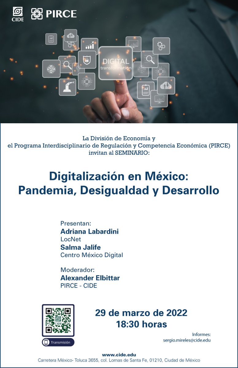 CIDE_MX's tweet photo. #AgendaCIDE | Mañana, 29 de marzo, La División de Economía y el Programa Interdisciplinario de Regulación y Competencia Económica #PIRCE realizará el seminario "Digitalización en México: Pandemia, Desigualdad y Desarrollo"
⏰ 18:30 horas
📺 https://t.co/dzoCQHTu1z https://t.co/xQdu85Qkbw