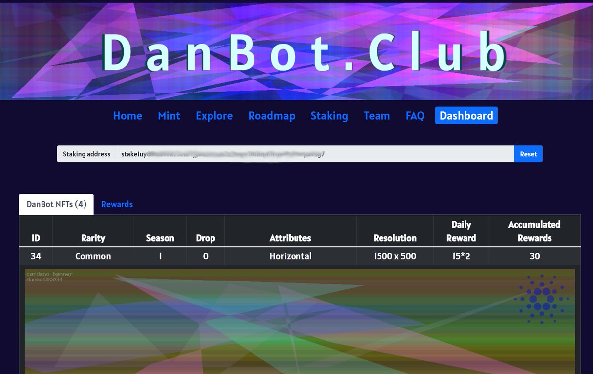 DanBotCNFT's tweet photo. Development and testing continues! I've made minor bug fixes to the staking view, now it also shows multipliers for each of the NFTs. You will soon be able to enter a staking address so you can see all the reward points and detailed information about your NFTs!💎💙 #Cardano #CNFT https://t.co/iPxW8Rb9Xa