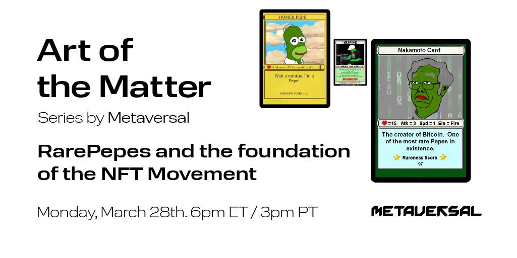 Metaversal (@hellometaversal) on Twitter photo Rare Pepes are in the house! 🐸
20 minutes to go live on our weekly Twitter Spaces “Art of the Matter”
<a href="/wasthatawolf/">J Loone Brickens 🧱</a> creator of the RarePepe Wallet and <a href="/DJPEPE_/">𝕯𝕵𝕻𝕰𝕻𝕰</a> manager <a href="/ScrillaVentura/">RARE SCRILLA</a> will talk about one of the very first NFT projects in the space.
x.com/hellometaversa… Rare Pepes are in the house! 🐸
20 minutes to go live on our weekly Twitter Spaces “Art of the Matter”
<a href="/wasthatawolf/">J Loone Brickens 🧱</a> creator of the RarePepe Wallet and <a href="/DJPEPE_/">𝕯𝕵𝕻𝕰𝕻𝕰</a> manager <a href="/ScrillaVentura/">RARE SCRILLA</a> will talk about one of the very first NFT projects in the space.
x.com/hellometaversa…