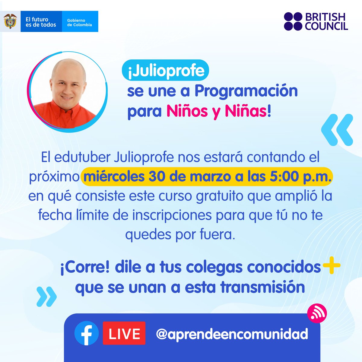 julioprofenet's tweet photo. Estimados docentes de Colombia: cordialmente invitados este miércoles 30 de marzo a las 5:00 PM, para que conozcan sobre el curso gratuito de #ProgramaciónParaNiñosYNiñas 

Más información → https://t.co/2YPFDKDI7r https://t.co/O4AFumIhW1