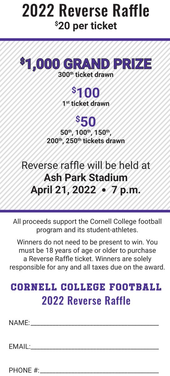 CornellRamsFB's tweet photo. 🚨2022 Reverse Raffle🚨

🟣$20 Per Ticket
⚪️$1000 Grand Prize
🟣 7 Total Winners

Contact any player/coach to purchase or email Coach Williams: swilliams@cornellcollege.edu https://t.co/I7B55NLK6T