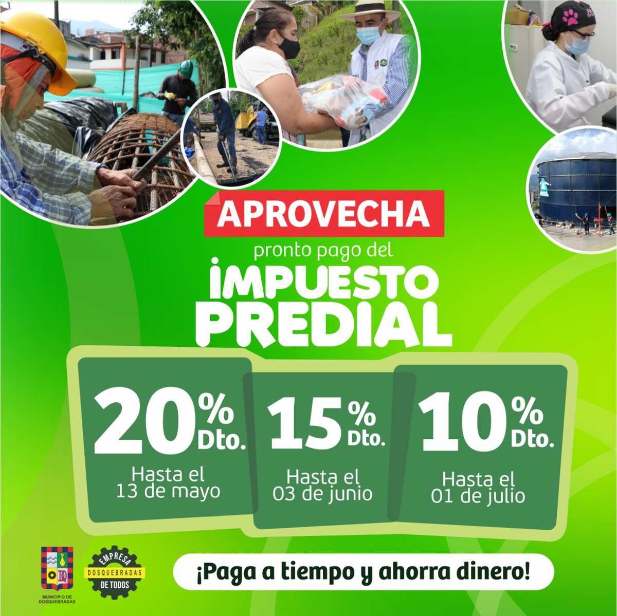 AlcaldiaDosq's tweet photo. SE AMPLIARON LOS PLAZOS DE DESCUENTO POR PRONTO PAGO DEL PREDIAL

La primera fecha con el 20% quedó establecida para el 13 de mayo, la segunda fecha con el 15% será hasta el viernes 3 de junio y la tercera fecha con el 10% hasta el 1ro de julio. https://t.co/rsuJjCGiRc