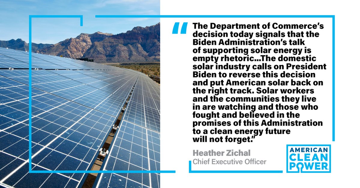 USCleanPower's tweet photo. New: ACP expresses profound disappointment in the decision by @CommerceGov to initiate a new anti-circumvention case that will lead to new duties on #solar panels &amp; cells assembled by allied trading partners from Southeast Asia.
@hrzichal's full statement: https://t.co/meUGsDkAjk https://t.co/lwRqddGZsv