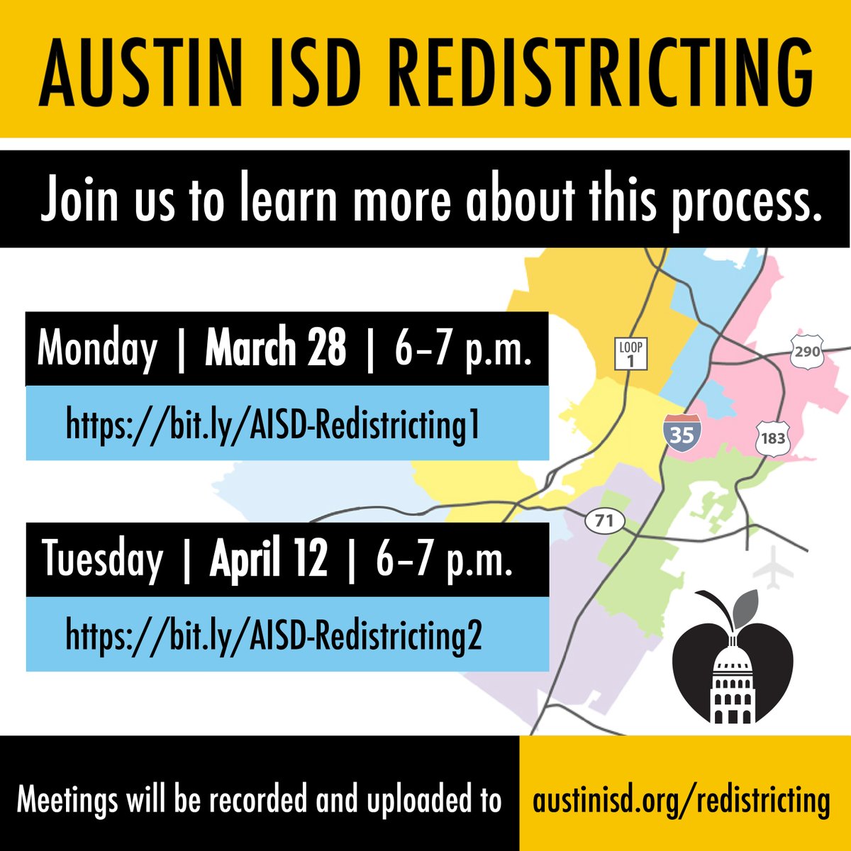 The Austin ISD redistricting process is underway, which means we’re redrawing the boundaries of our seven single-member school board districts. Join us to learn more about this process, ask questions &amp; share  feedback.

Monday, March 28
6–7PM
Register:
austinisd.org/calendar/event…