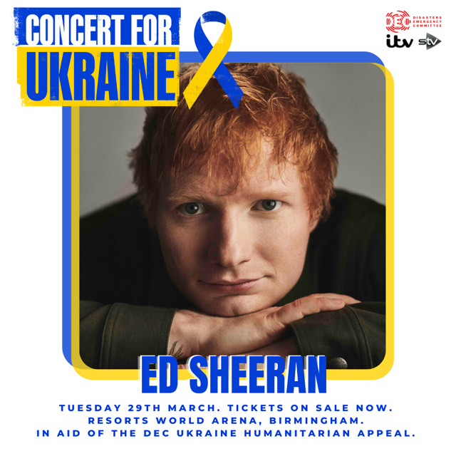 edsheeran's tweet photo. Ed will be performing at Concert for Ukraine tomorrow March 29th to support the @decappeals's Ukraine Humanitarian Appeal and help those affected by the conflict. It will also be streamed live on @ITV @STVNews #ConcertForUkraine https://t.co/c5LcCF2znK https://t.co/LejzJfuQHZ