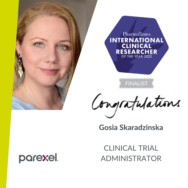 Parexel's tweet photo. Congratulations to Gosia Skaradzinska, Olga Kalashnikova and Yashpalsinh Raj for being selected as finalists for the @PharmaTimes International Clinical Researcher of the Year Award! We look forward to cheering you on at the ceremony on May 19. #PTCROY #clinicalresearch #CRA