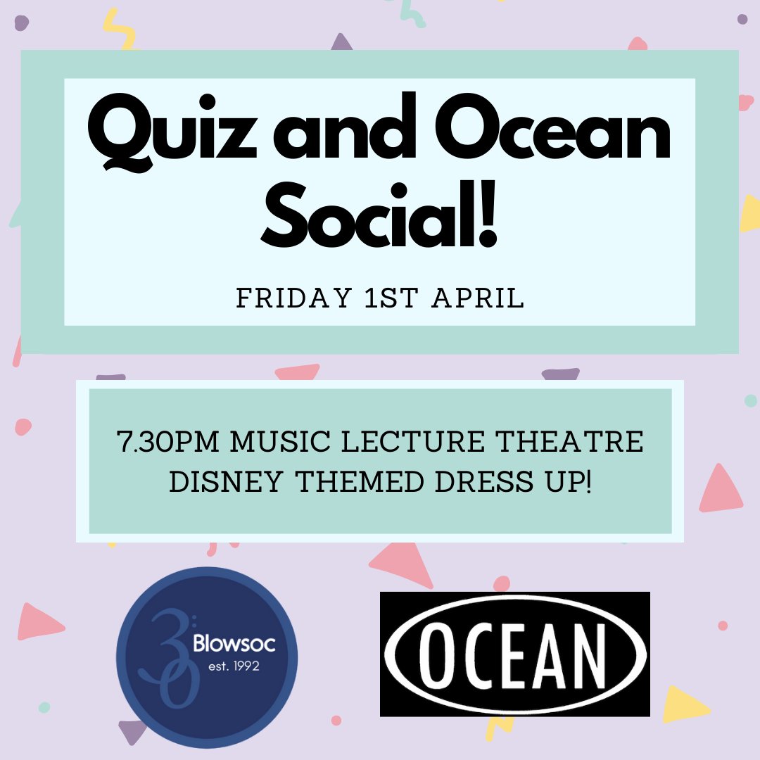 🕺 Join us for a quiz and a night at Ocean! 👗 Disney themed dress up! ⏰ 7.30pm Friday 1st April 🎟 Information about tickets coming soon! 📍Music Lecture Theatre, Music Department
