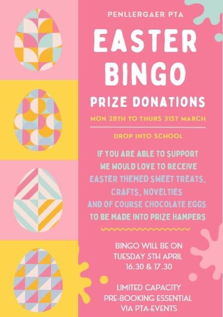 penllergaer_pta's tweet photo. 🐣 Capacity is limited, so pre-booking is essential via PTA-events, with places on a first come, first served basis.
🐣 Bingo books will be sold on the door
🐣Please send any prize donations into school next week
🐣https://t.co/5lC4eGIkPM https://t.co/wi78GrqVjO