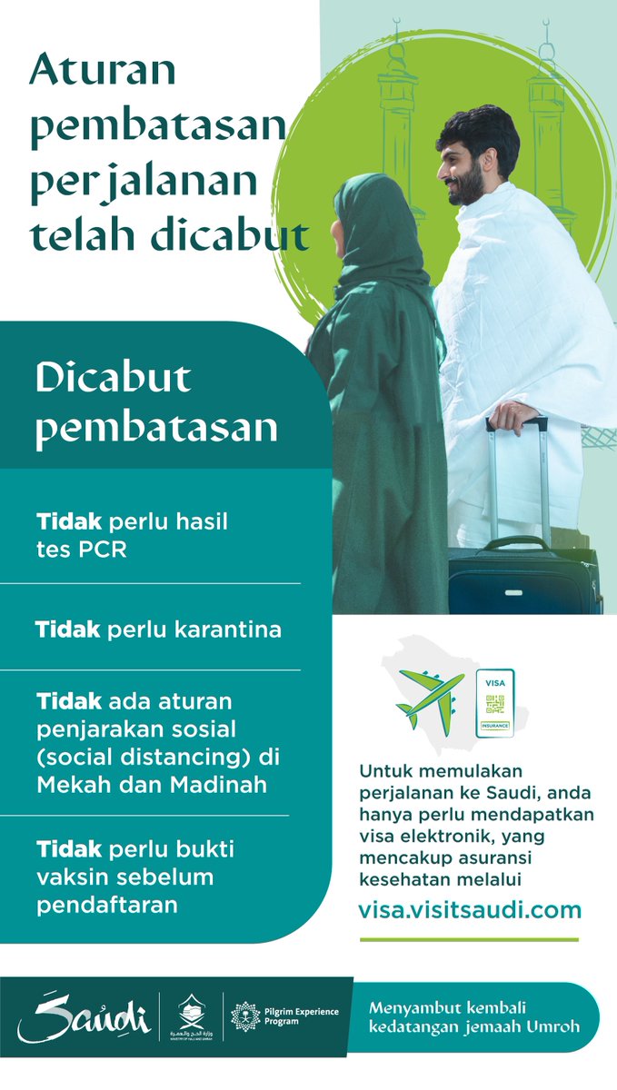 Menyambut kembali jemaah Umrah

Aturan pembatasan perjalanan telah dicabut.

ajukan visa sekarang:
visitsaudi.com/en/about-e-visa
