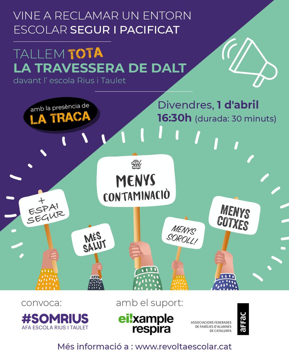 AFASomRius's tweet photo. 📣 Famílies 📣

Aquesta setmana ens mobilitzem per defensar una escola pública de qualitat, en català i amb un entorn pacificat

📍 Dimarts a les 16.30h quedem per fer pancartes a la porta i anem juntes a donar suport a la vaga

📍 Divendres tornem a tallar la travessera de Dalt https://t.co/S0mOm0mwv7