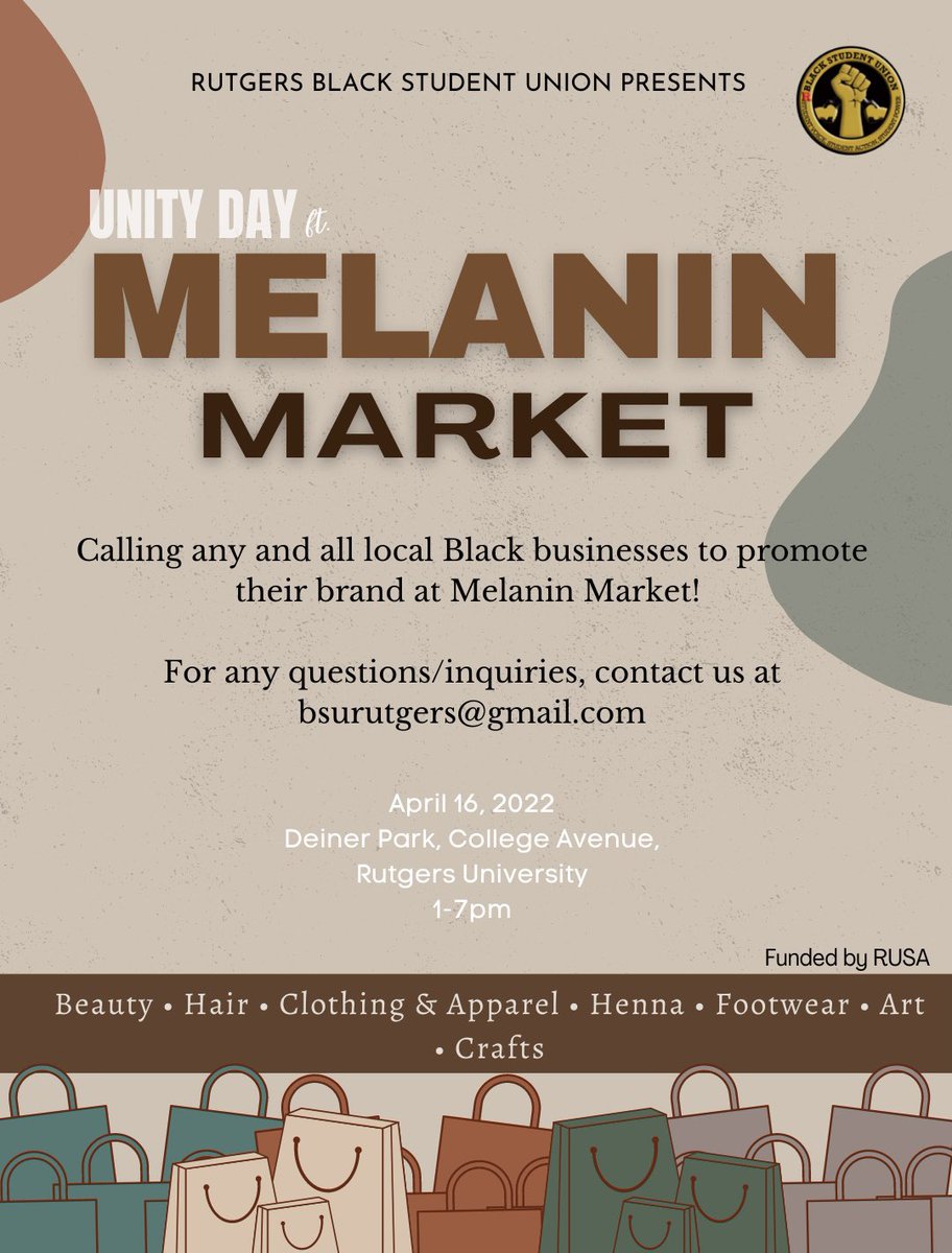rubsu's tweet photo. Coming soon 🛍🛍 BSU is looking for any local Black businesses to showcase their brand at Melanin Market. This event will be taking place at Unity Day on April 16th, 1-7pm - you don’t want to miss it!!

To register, click the link in our bio 📥 https://t.co/uWHU6ufSYt