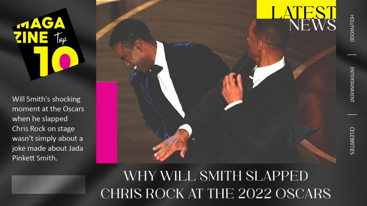 TopTen_Magazine's tweet photo. Will Smith slapped Chris Rock while the comedian was on stage during the 2022 Oscars for making a joke about Jada Pinkett Smith, Will's wife.
Article link: https://t.co/dYhnG1Gmuw
#TopTenMagazine #Entertainment #Hollywood #Celebrities #WillSmith #ChrisRock #Oscars #Oscars2022 https://t.co/egUN5GUsZs