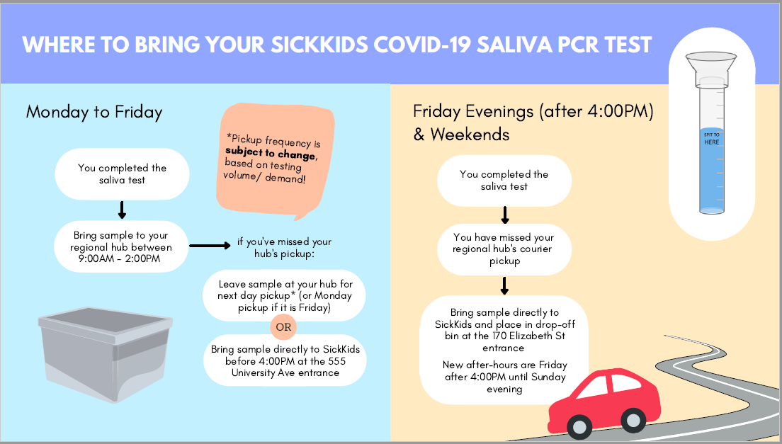 JosephBrantPS's tweet photo. Hello Parents/Guardians, reminder that the 7 regional school hub locations in addition to SickKids are continuing to accept completed saliva PCR test kits. The 7 school hub locations (see attached flyer) receive a daily courier pick up at 2:00pm. https://t.co/hQz9mb6DES