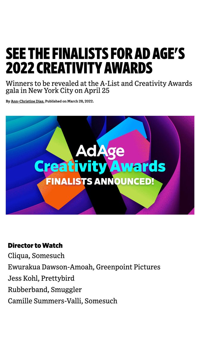 Yes <a href="/jesskohlx/">Jess Kohl</a>! Congrats on the "Director to Watch" nomination!

adage.com/article/specia…