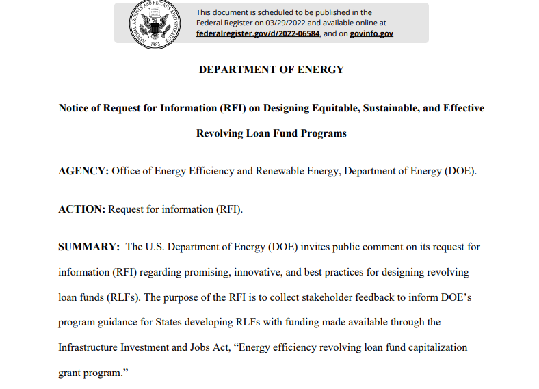 StateImpactCntr's tweet photo. .@ENERGY is asking for feedback to inform its guidance to help states develop “successful and equitable” revolving loan funds for energy efficiency funds provided by the #infrastructuredeal. Comment deadline is May 6. #StateImpactAlert
https://t.co/4DE0O2dhNG https://t.co/woB38FhOQN