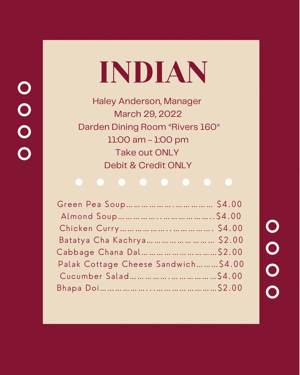 On Tues., Mar. 29th, @ECUNUTR senior student lunches continue with an Indian-themed menu. Items are a la carte. Take-out only. Credit/debit payment accepted. #ECUAlliedHealthSciences