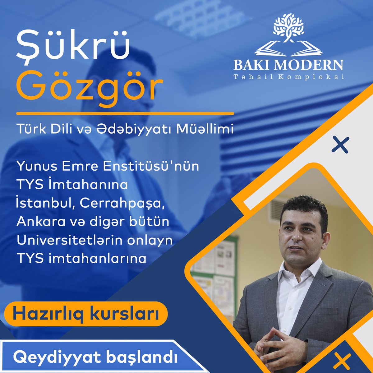 Şükrü Gözgör
Türk Dili və Ədəbiyyatı Müəllimi
Yunus Emre Enstitüsü TYS imtahanına
İstanbul, Cerrahpaşa, Ankara və digər bütün universitetlərin onlayn TYS imtahalarına hazırlıq kurslarına qeydiyyat başlandı!
#bmtk #bakimoderntehsilkompleksi #təhsil #xaricdətəhsil #məktəb