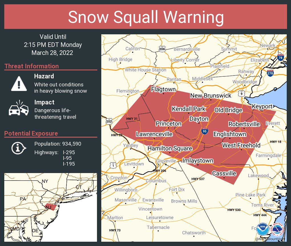 A snow squall warning is in effect until 2:15 PM EDT for I-195, I-95 ...