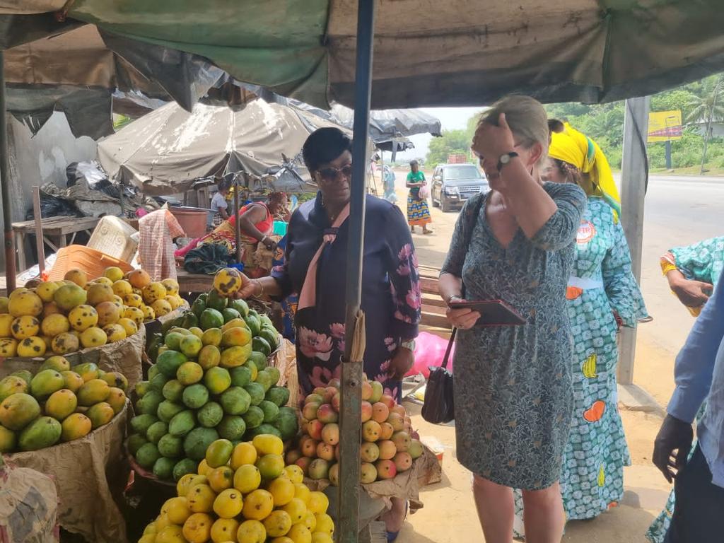 HortifreshWA's tweet photo. Program Mangar of @HortiFresh @sassibeyyeboah and Program Coordinator @IreneKoomen engaging the program's  Peri-Urban women fruit processors (CVFIR) at the Abidjan Port @NLinGhana  @NLinCDI @WUR_WCDI  @SNVGhana https://t.co/FkmXRE7kmI