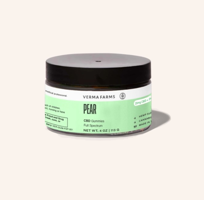 VermaFarms's tweet photo. A classic flavor with our signature Verma Farms Pear twist, these popular CBD gummies have just the right kind of mellow vibes. Our soft, sweet Pear gummies are so good it's hard to eat just one! 🍐 https://t.co/7SIB5kOOow