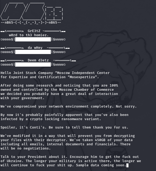 Target: mosekspertiza[dot]ru, JSC Mosexpertiza

You should probably hire some better security experts. Your partners are going to be pissed.

Russian Federation Government:
We won't stop until you stop. Get out of Ukraine.

Слава Україні <a href="/ITarmyUA/">IT Army of Ukraine</a>