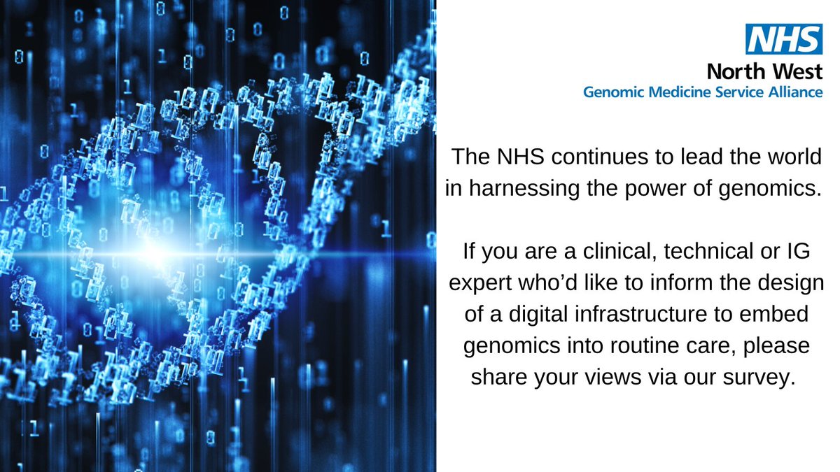 If you are a clinical, technical or IG expert who’d like to inform the design of a digital infrastructure to embed #genomics into routine care, please share your views via our survey. 

surveymonkey.co.uk/r/LCJHYLX 

#DigitalDNA #Genomics #Healthcare #RoutineCare