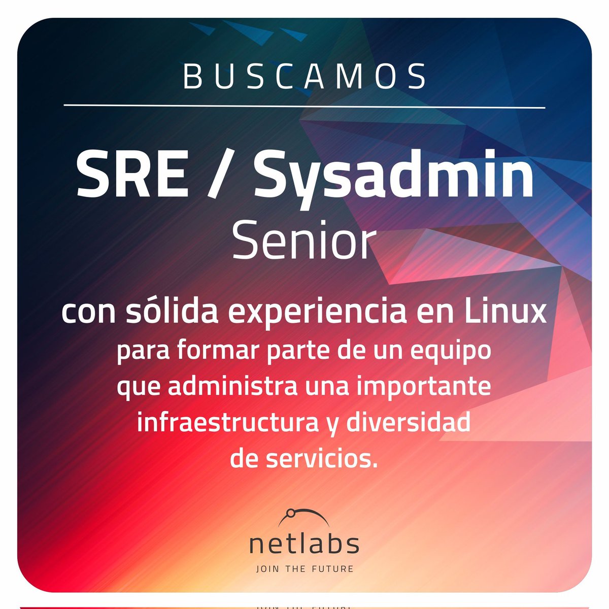 #oportunidadlaboral #Hiring!
🔥 En netlabs buscamos #SRE / #Sysadmin Senior con sólida experiencia en #Linux para formar parte de un equipo que administra una importante infraestructura y diversidad de servicios.
linkedin.com/jobs/view/2995…
Esperamos tu postulación! 🚀
#jointhefuture