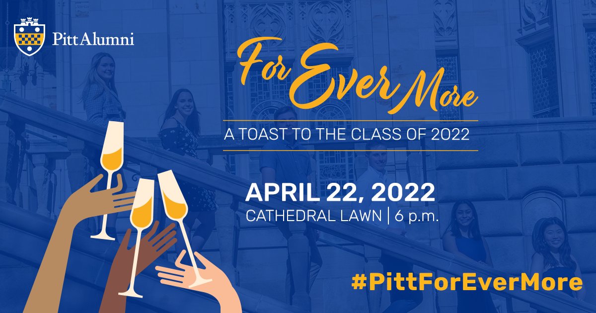 Pitt Alumni Student Network (@pasn_1787) on Twitter photo 📣 Seniors 📣 Join us as we toast your many accomplishments at #PittForEverMore: A Toast to the Class of 2022! Talk with the <a href="/PittAlumni/">Pitt Alumni Association</a> team, learn about the resources available to support you after graduation, plus have fun on April 22: pi.tt/forevermore #PittGrad22 📣 Seniors 📣 Join us as we toast your many accomplishments at #PittForEverMore: A Toast to the Class of 2022! Talk with the <a href="/PittAlumni/">Pitt Alumni Association</a> team, learn about the resources available to support you after graduation, plus have fun on April 22: pi.tt/forevermore #PittGrad22