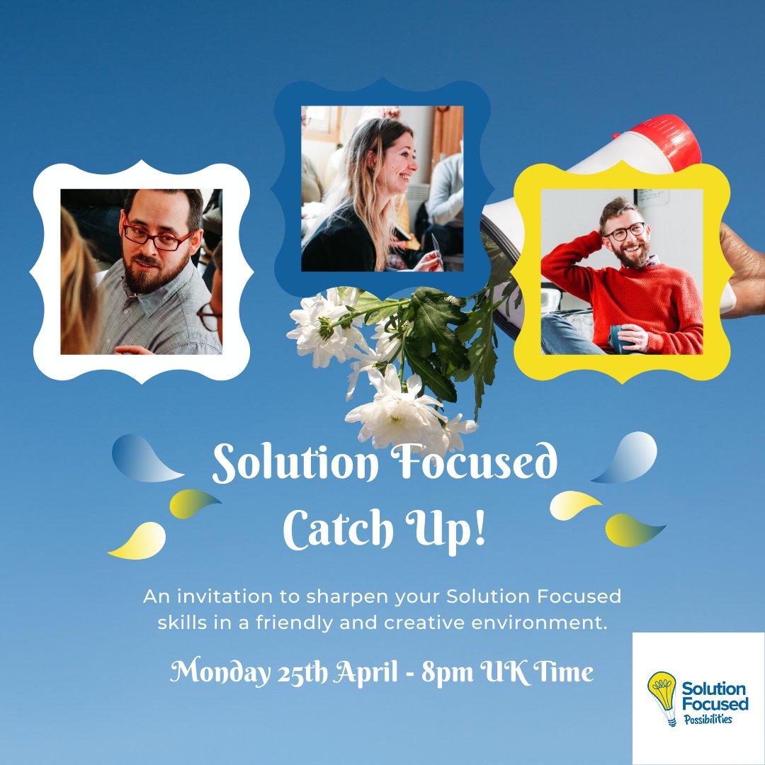 Join us for our free Solution Focused 'Catch Up' event! A chance to discuss ideas and sharpen your skills in a friendly and creative environment. eventbrite.co.uk/e/296673597717
#sfbt #sfpossibilities #solutionfocused #solutionfocusedtherapy