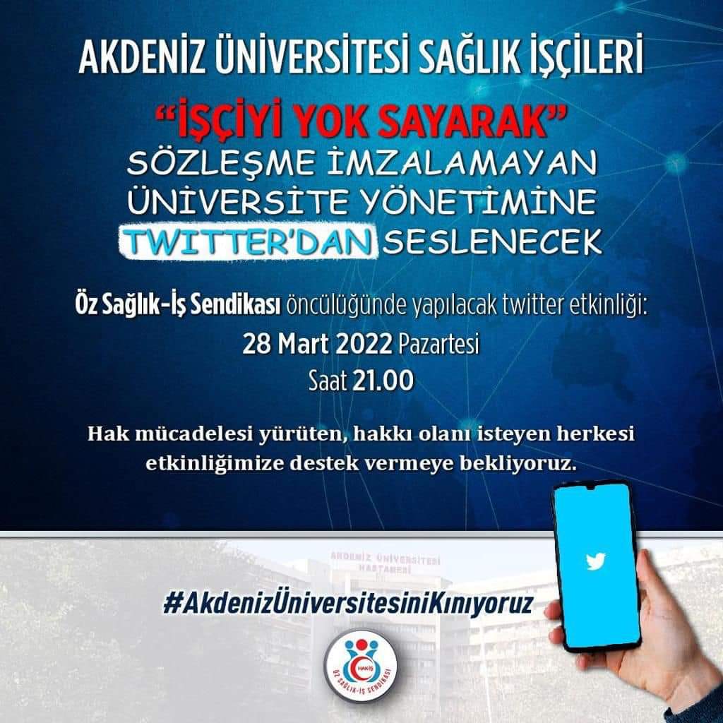 Akdeniz Üniversitesi işçileri yalnız değildir.İşçiler enflasyon oranlarına ezdirelemez.Üniversite yönetimini duyarlı olmaya davet ediyoruz. Alınterinin bedeli ödenmelidir #AkdenizÜniversitesiniKınıyoruz
#AkdenizÜniKınıyoruz